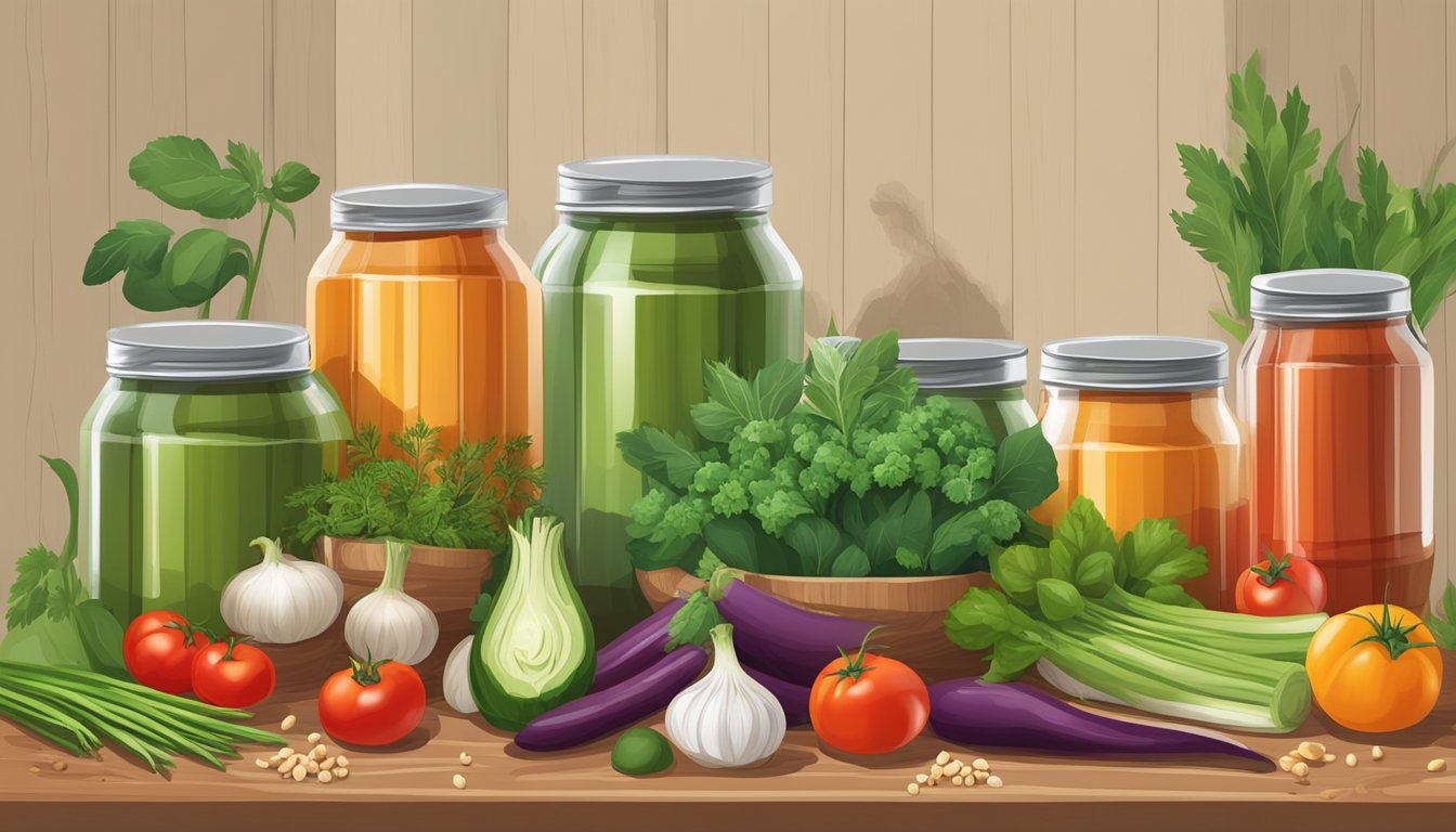 A variety of fresh vegetables and herbs arranged on a wooden cutting board, surrounded by jars of spices and cans of tomatoes