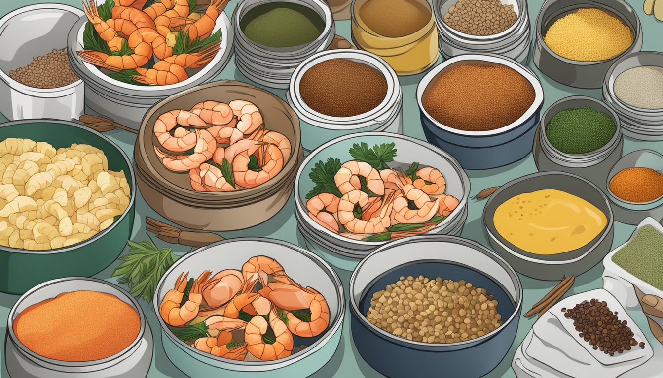 A busy kitchen counter with open cans of shrimp, various spices, and prepped ingredients for quick and easy shrimp recipes