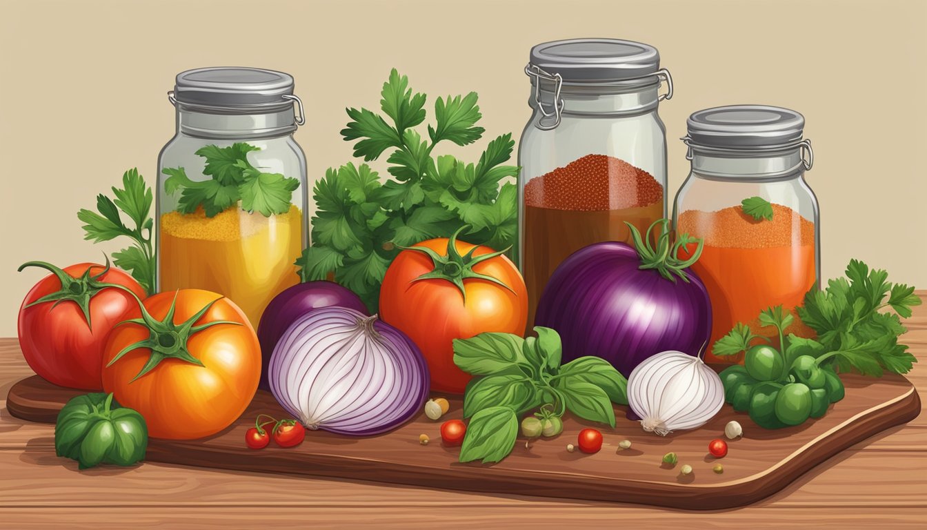 A colorful display of fresh tomatoes, onions, cilantro, and peppers arranged on a wooden cutting board, surrounded by jars of spices and vinegar