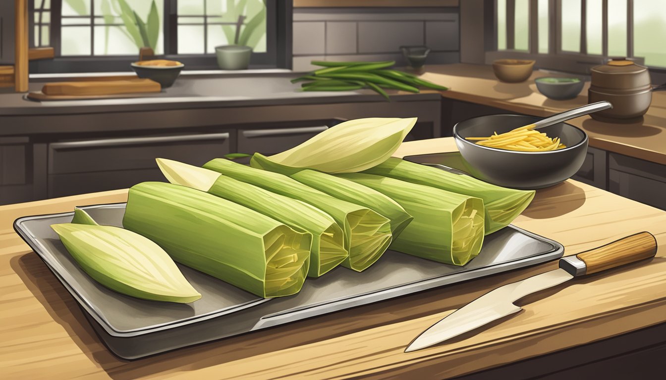 A bamboo shoot being sliced and prepared in a traditional Asian kitchen for a canned bamboo shoot recipe