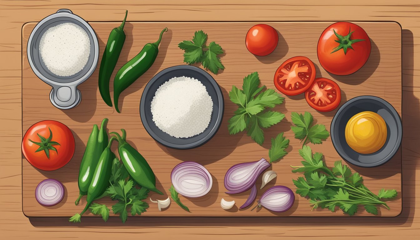 Fresh ingredients arranged on a wooden cutting board, including tomatoes, onions, cilantro, and jalapenos. A mortar and pestle sits nearby for grinding and blending