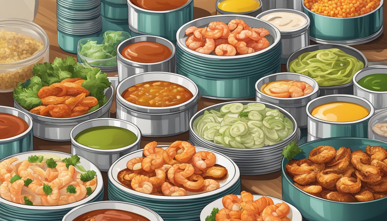 A variety of canned shrimp dishes surrounded by colorful sauces and dressings on a busy kitchen counter