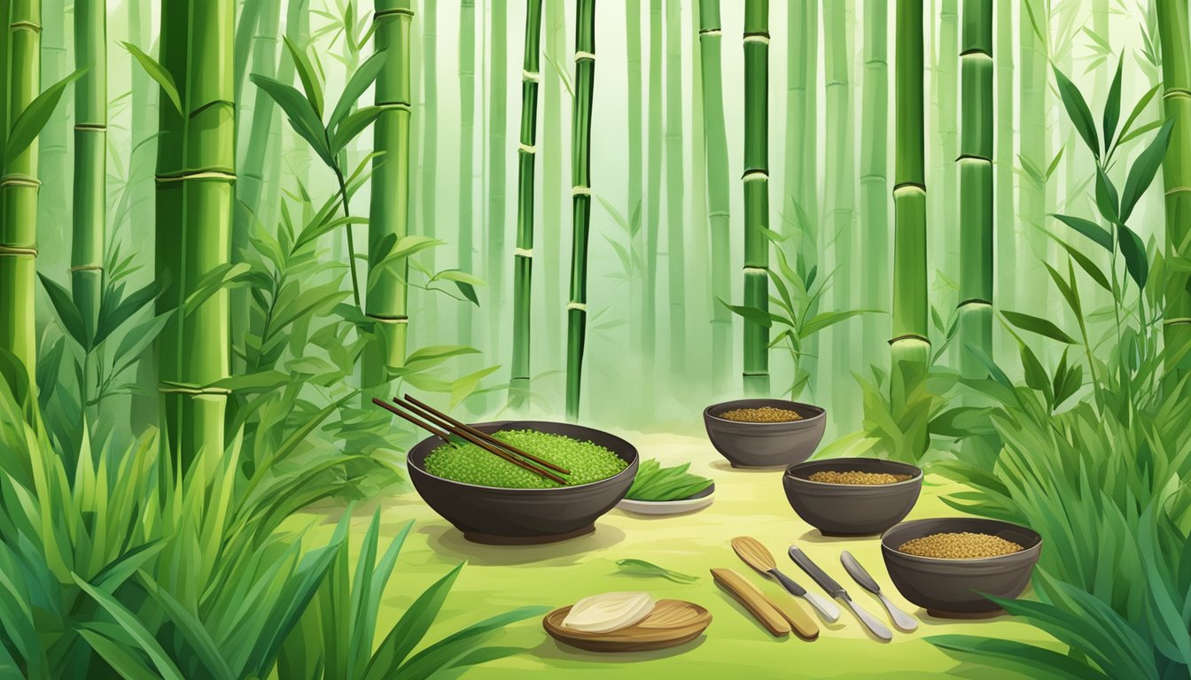 A bamboo forest with fresh shoots being harvested, surrounded by traditional Asian cooking utensils and ingredients