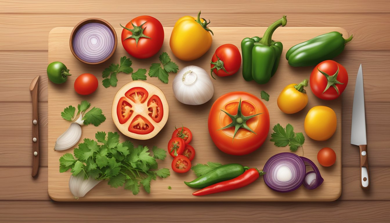 A colorful array of fresh ingredients, including tomatoes, peppers, onions, and cilantro, arranged on a wooden cutting board