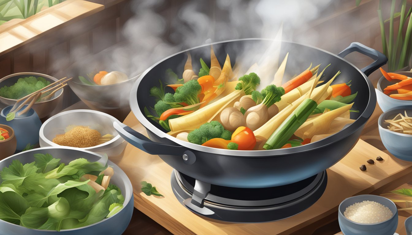 A steaming wok stir-frying bamboo shoots, water chestnuts, and colorful vegetables, emitting fragrant aromas in a bustling Asian kitchen