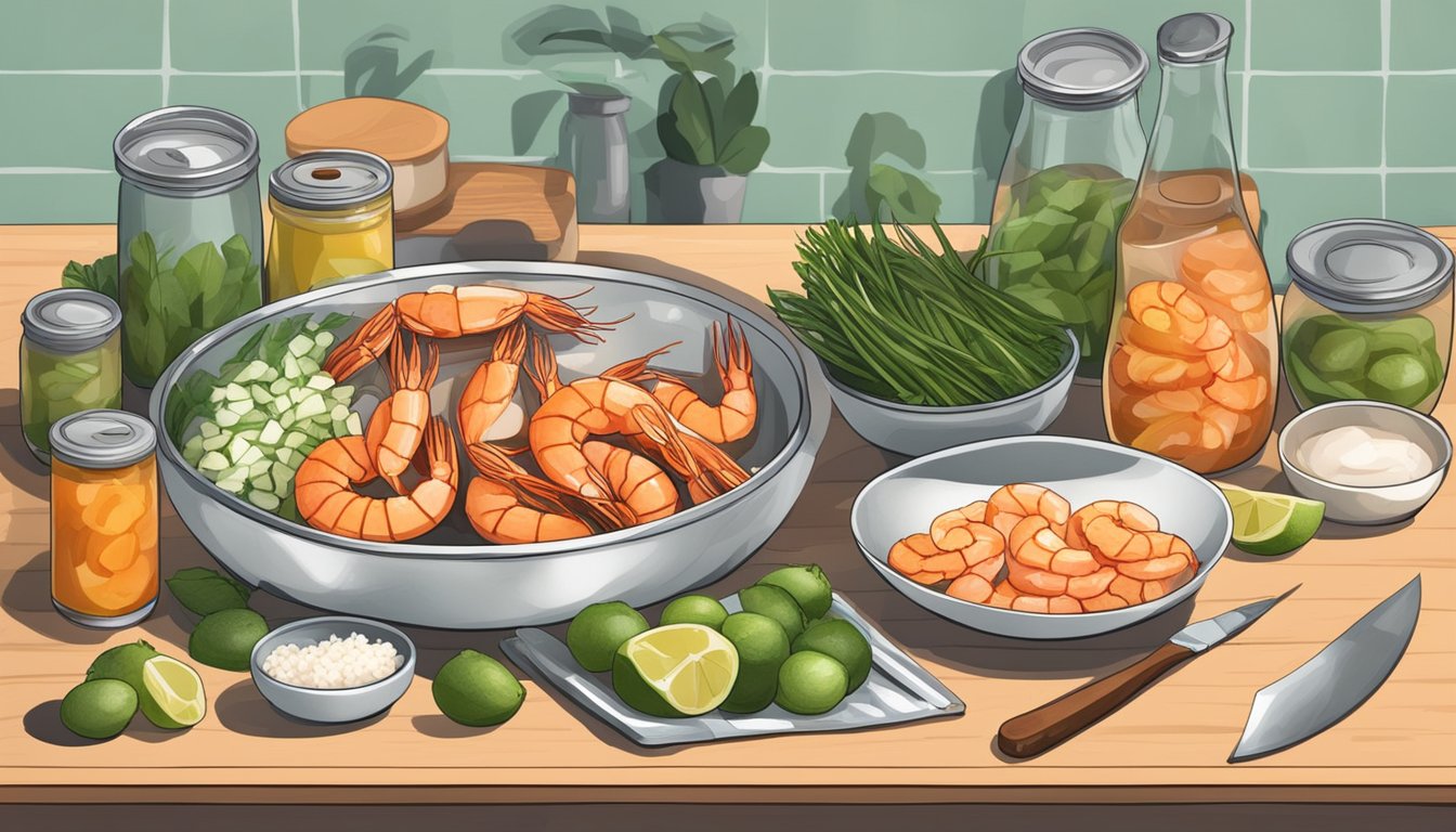 A kitchen counter with open cans of shrimp, a cutting board, knife, and various ingredients laid out for preparing a quick and easy shrimp recipe