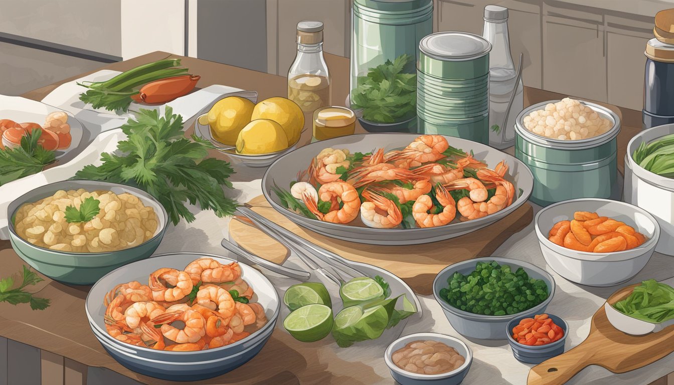 A busy kitchen counter with open cans of shrimp, a cutting board, and various ingredients for quick shrimp dishes