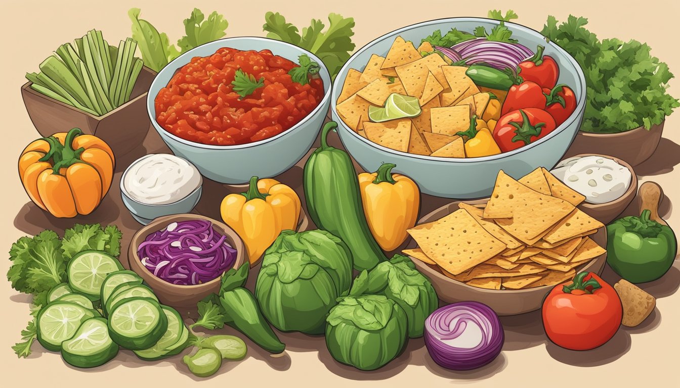 A colorful array of fresh vegetables and herbs arranged around a bowl of vibrant homemade salsa, with various chips, crackers, and cheeses nearby for pairing