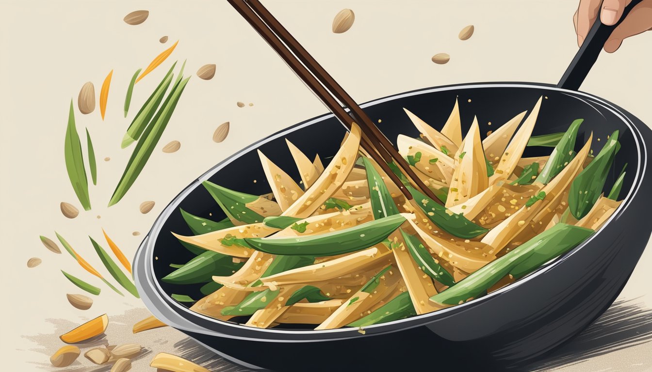 A chef stir-fries bamboo shoots with garlic, ginger, and soy sauce in a sizzling wok, adding a sprinkle of sesame seeds for garnish