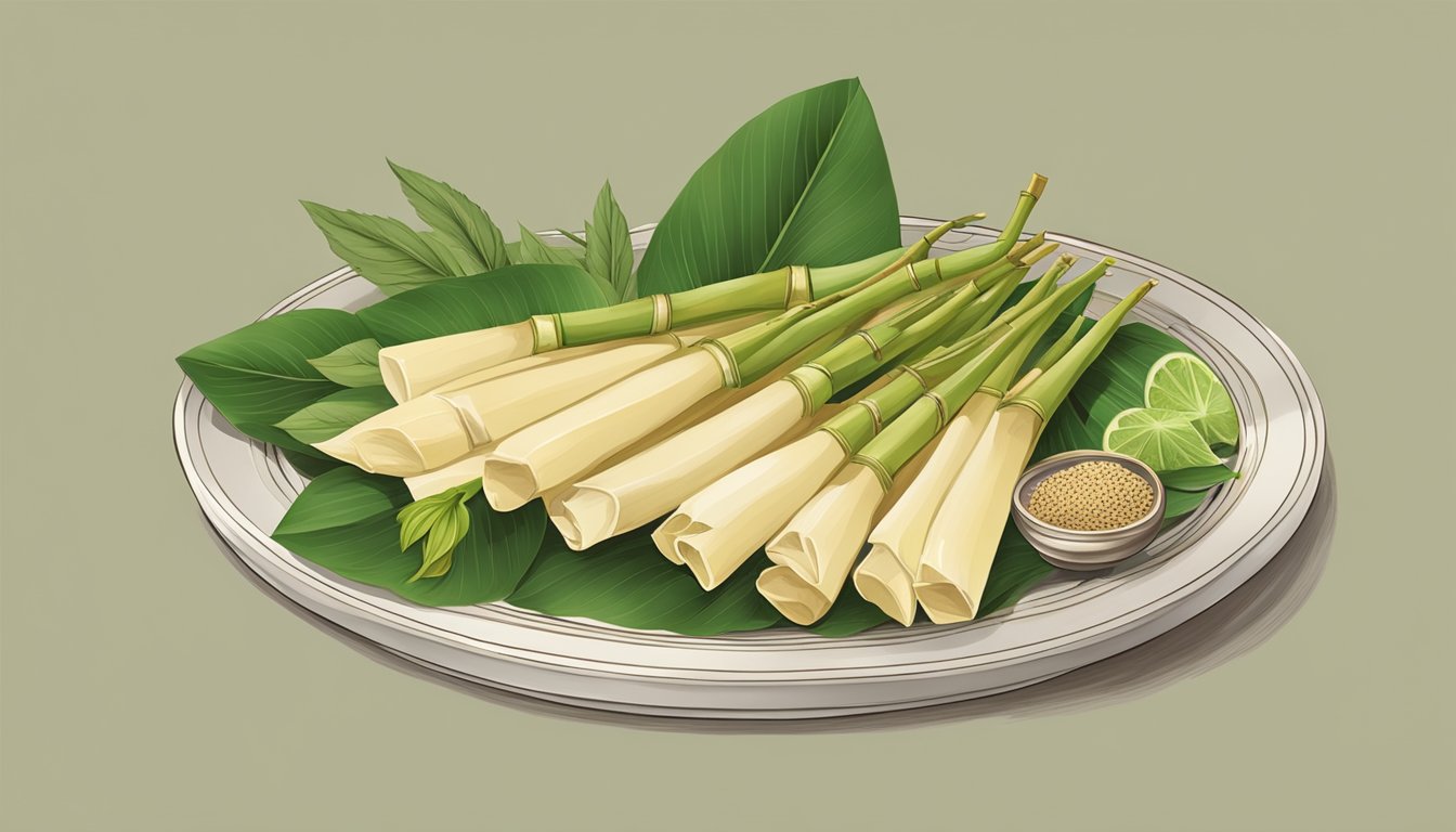 A bamboo shoot dish is elegantly arranged on a traditional Asian-inspired serving platter, surrounded by vibrant green leaves and garnished with delicate herbs and spices