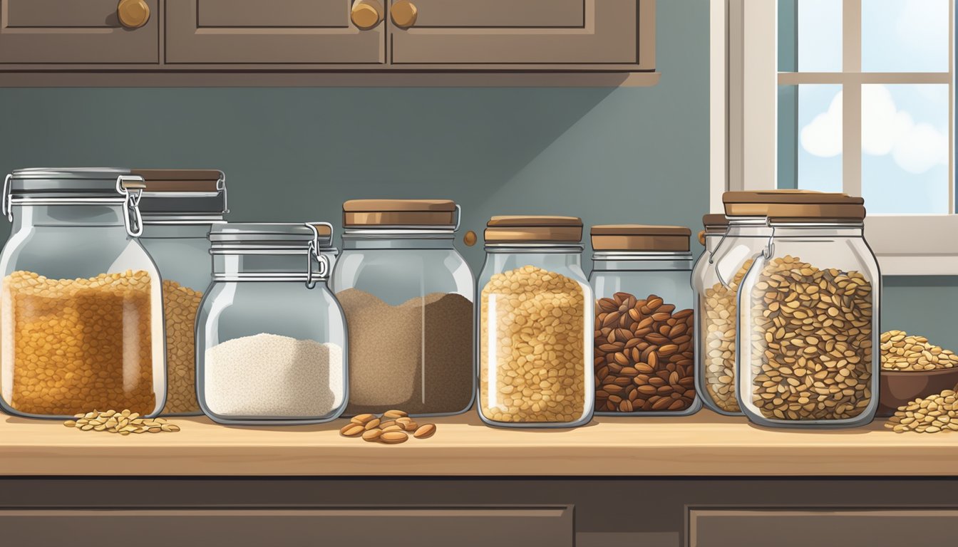 A kitchen counter with jars of oats, nuts, dried fruits, and seeds, alongside bags of flour and sugar, ready for homemade breakfast cereal