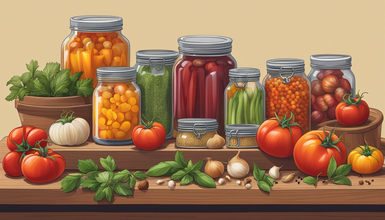 A colorful array of fresh tomatoes, onions, peppers, and herbs arranged on a wooden cutting board, surrounded by jars of various spices and canned goods