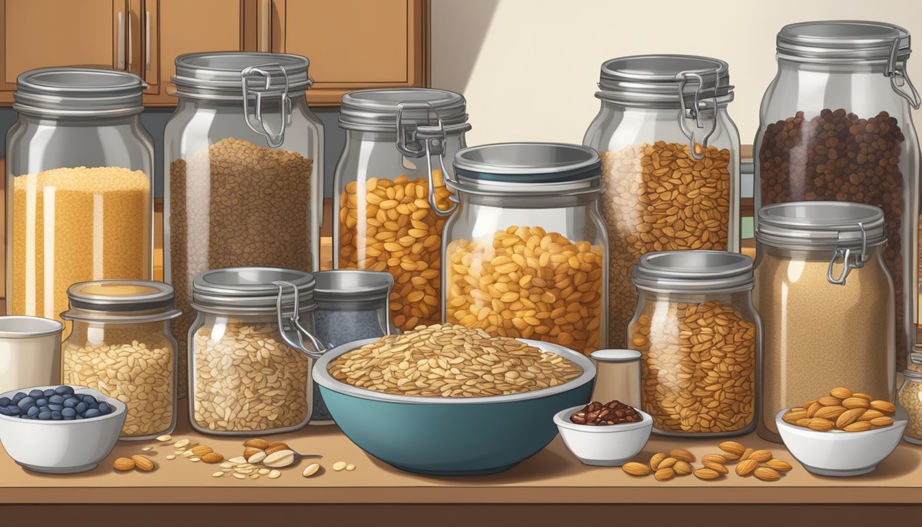 A kitchen counter with jars of oats, nuts, seeds, and dried fruits, surrounded by bowls, spoons, and measuring cups for creating homemade breakfast cereals