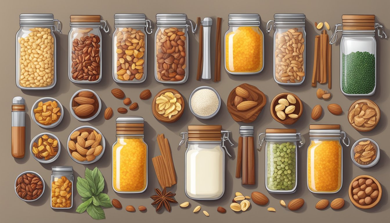 A variety of shelf-stable ingredients such as nuts, dried fruits, and spices arranged neatly on a kitchen counter for making homemade breakfast cereals