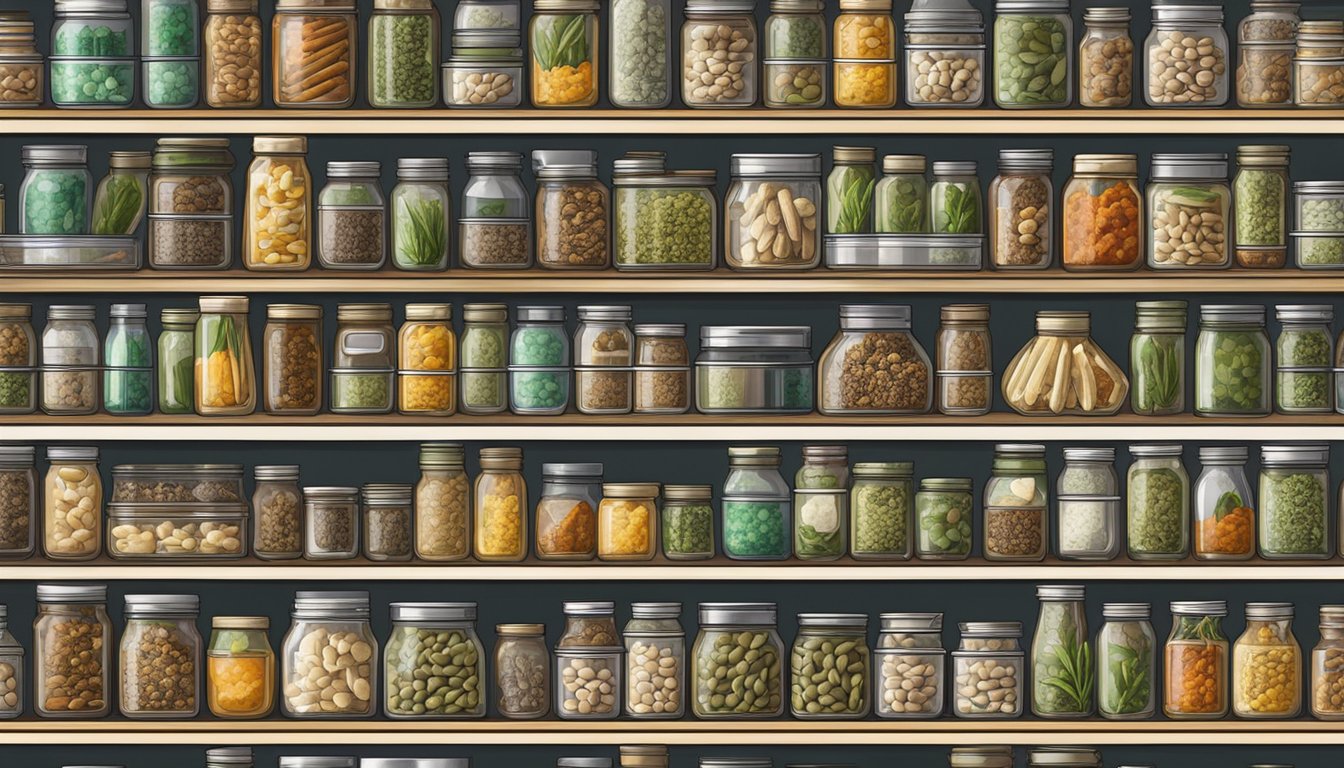 An open pantry shelf with neatly organized rows of canned anchovies, surrounded by jars of various herbs and spices