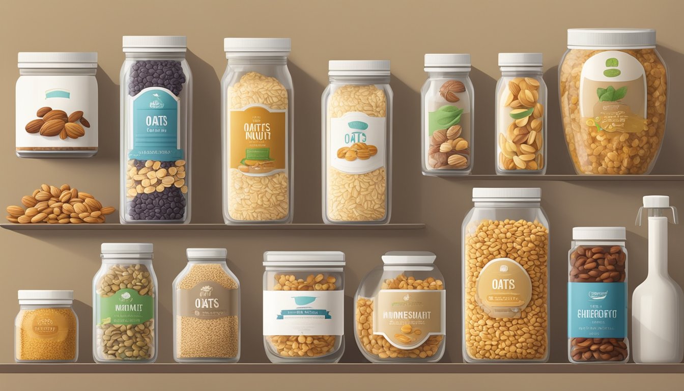 A variety of shelf-stable ingredients, such as oats, nuts, and dried fruits, arranged neatly on a kitchen countertop for making homemade breakfast cereals tailored to dietary needs