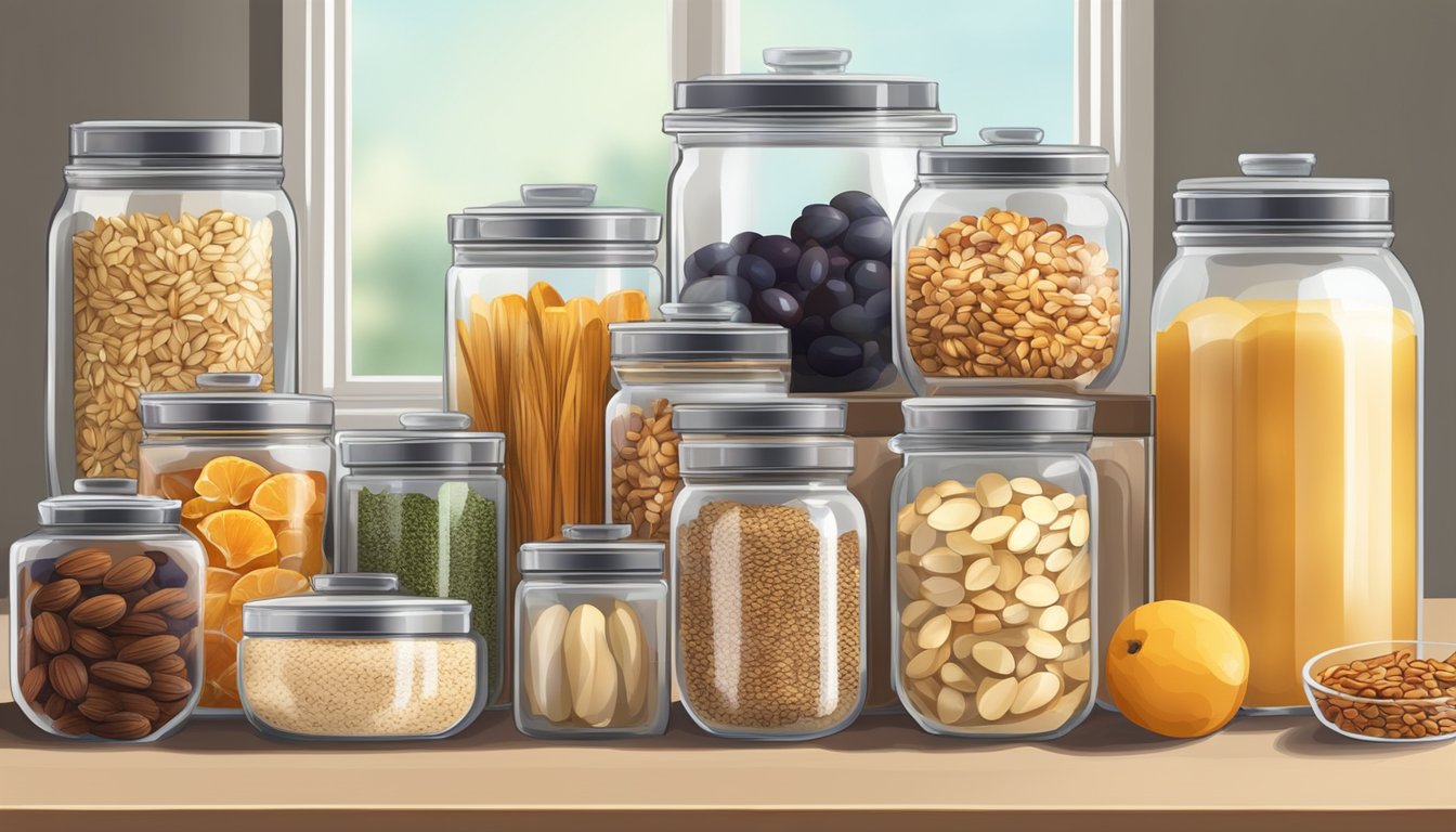 A kitchen counter with various shelf-stable ingredients such as oats, nuts, seeds, and dried fruit arranged neatly in glass jars and bowls