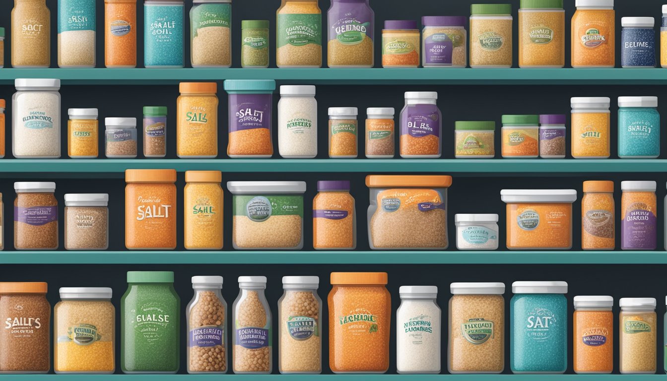 A variety of seasoned salt brands arranged on a pantry shelf, with colorful packaging and different sized containers