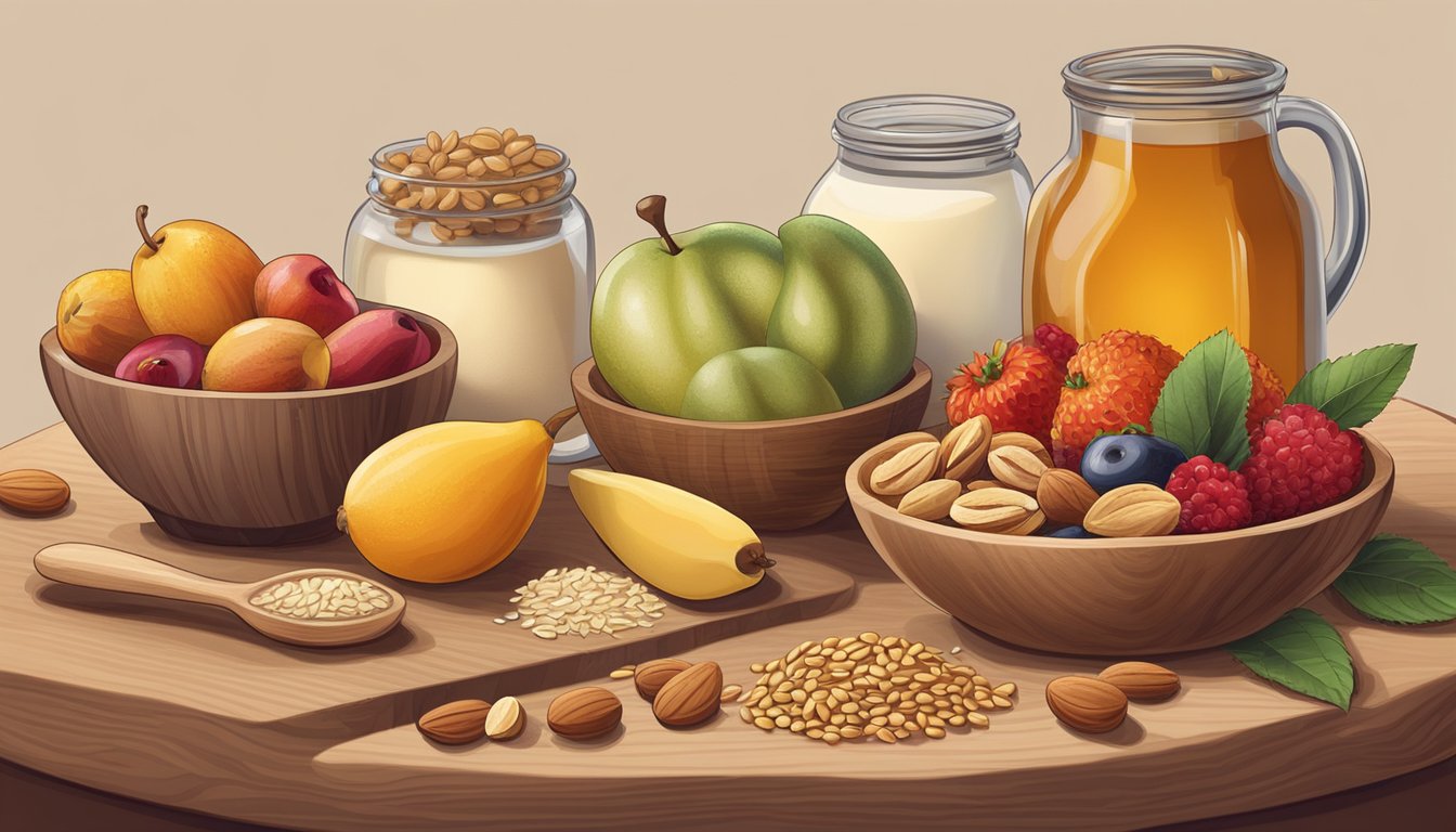 Various fruits, nuts, and seeds arranged on a wooden cutting board next to bowls of oats and dried berries. A jar of honey and a jug of milk complete the scene