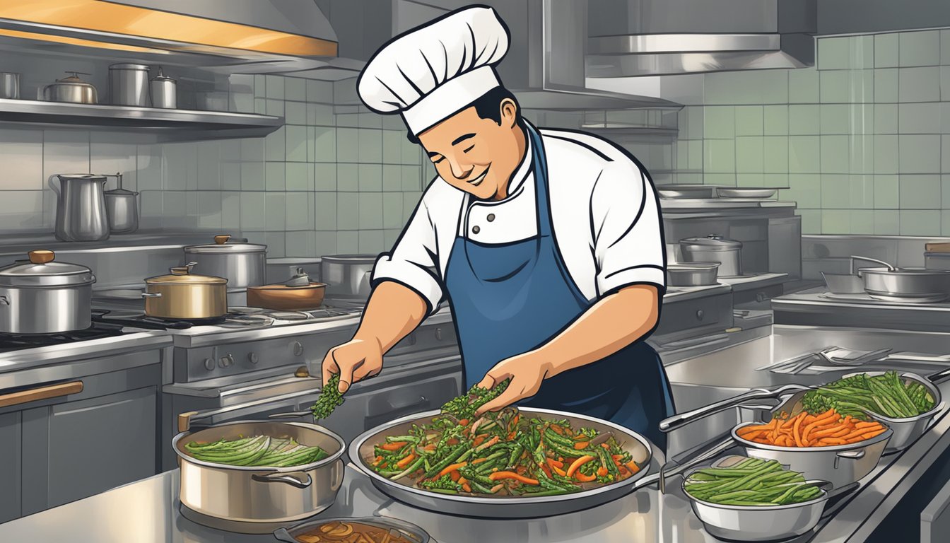 A chef sprinkles chopped anchovies onto a sizzling pan of sautéed vegetables, infusing the dish with bold, umami flavor