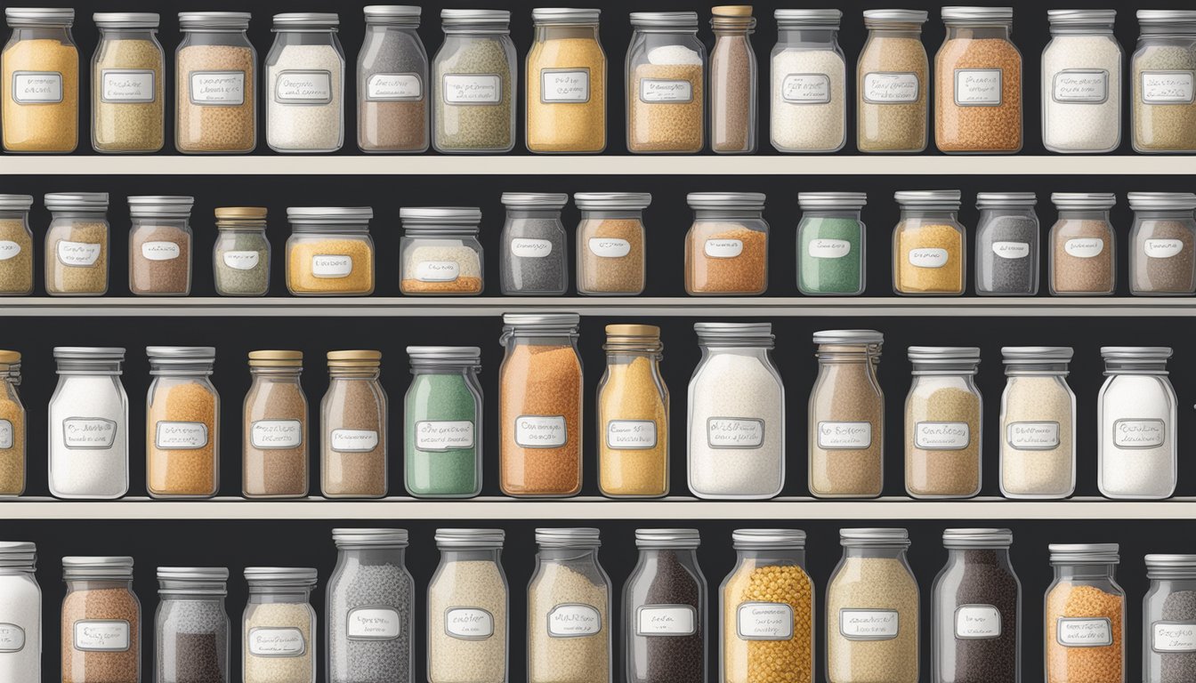 A well-organized pantry with neatly labeled jars of various seasoned salt blends on a shelf