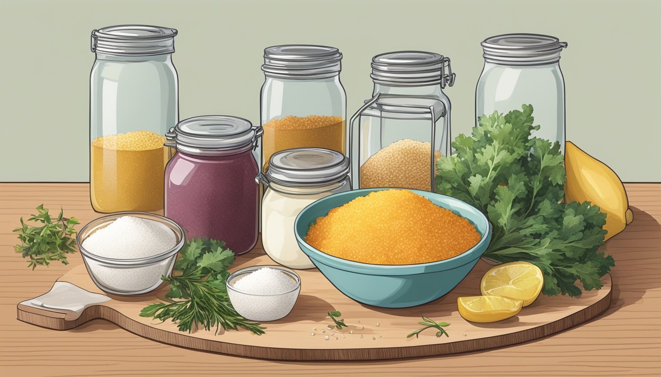 A kitchen counter with various dishes and ingredients, including a jar of seasoned salt, a cutting board, and a mixing bowl