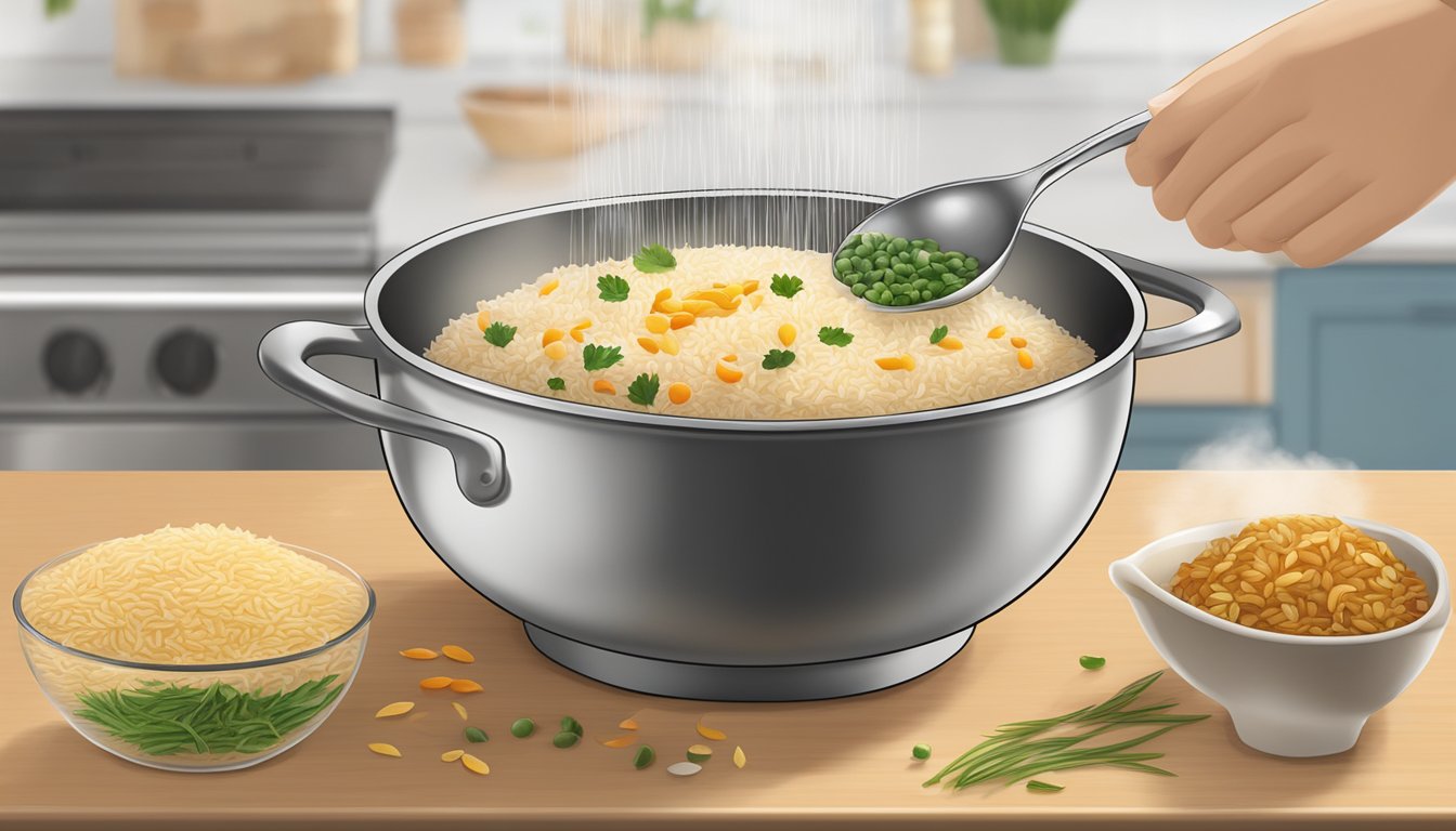 A steaming pot of rice pilaf mix with various ingredients being poured in