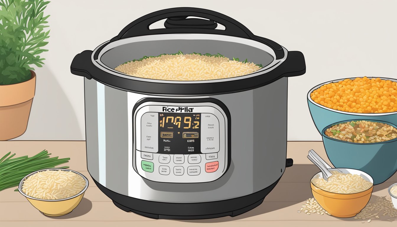 Rice pilaf mix being poured into an Instant Pot, with various ingredients surrounding it