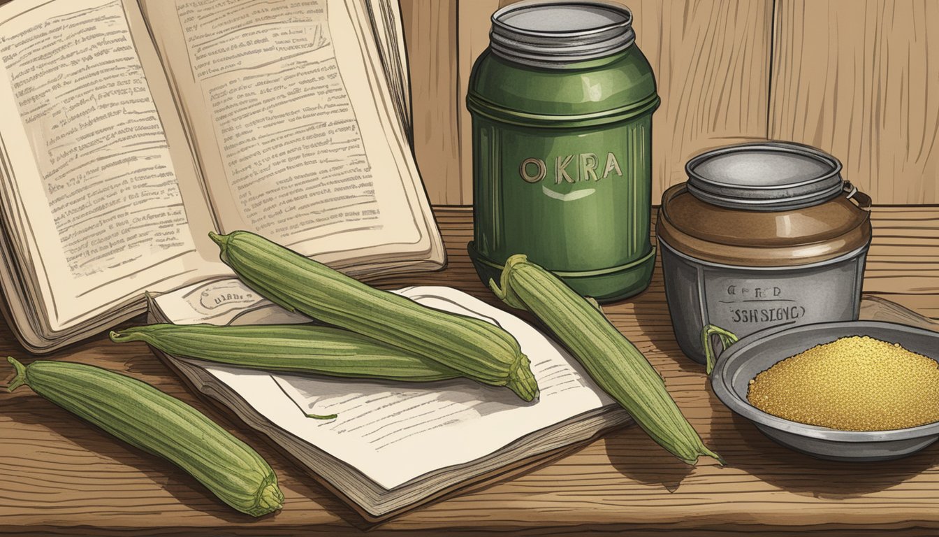 A rustic kitchen counter with open cans of okra, cornmeal, and spices, surrounded by vintage cookbooks and a handwritten recipe card