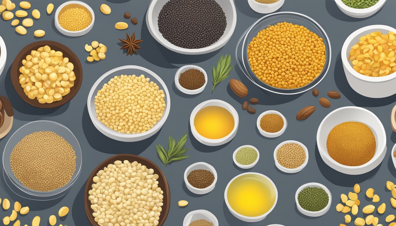 A variety of shelf-stable ingredients such as kernels, oil, and seasonings arranged on a countertop