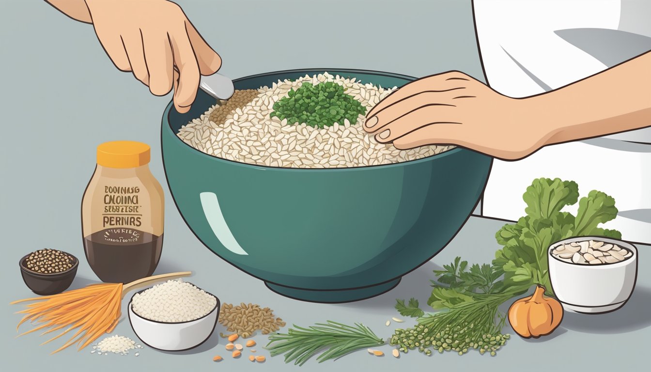 A hand pouring a variety of ingredients into a mixing bowl, including instant rice pilaf mix-ins like dried herbs, vegetables, and seasonings