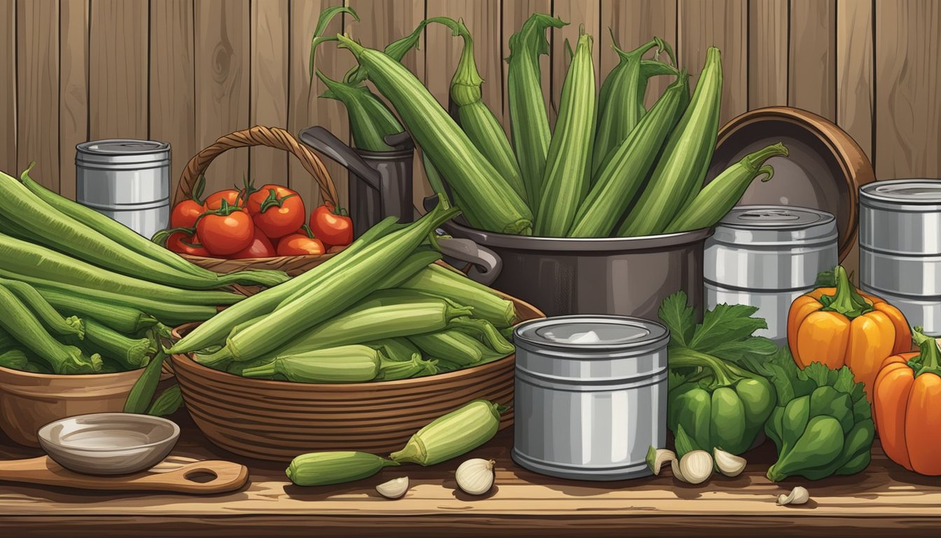 A rustic kitchen counter with open cans of okra, surrounded by fresh vegetables and traditional Southern cooking utensils