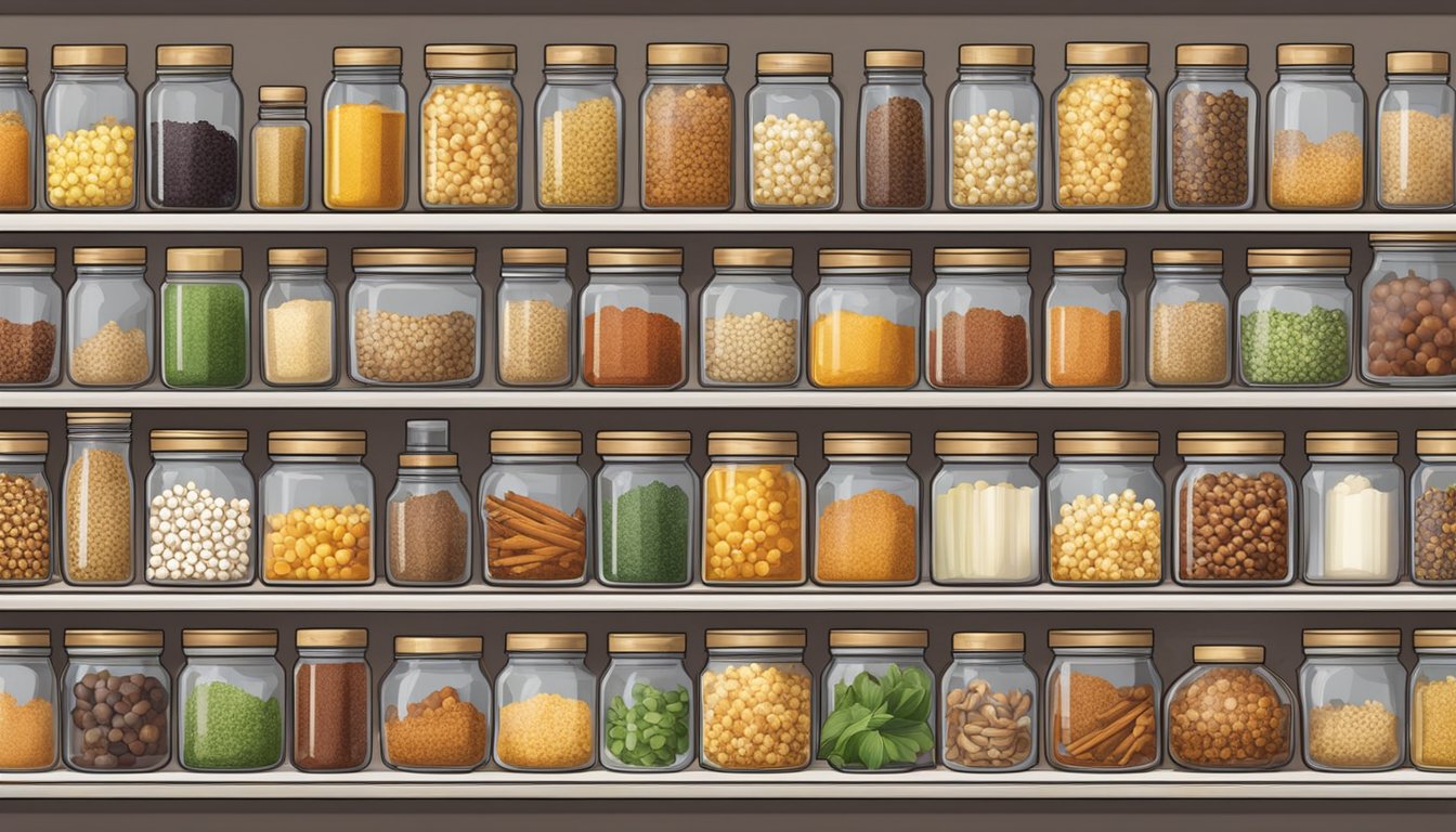 A shelf filled with jars and containers of various shelf-stable ingredients like spices, herbs, and flavorings for making flavored popcorn