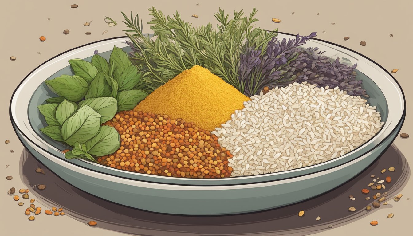 A colorful array of herbs, spices, and dehydrated vegetables scattered around a bowl of instant rice pilaf mix