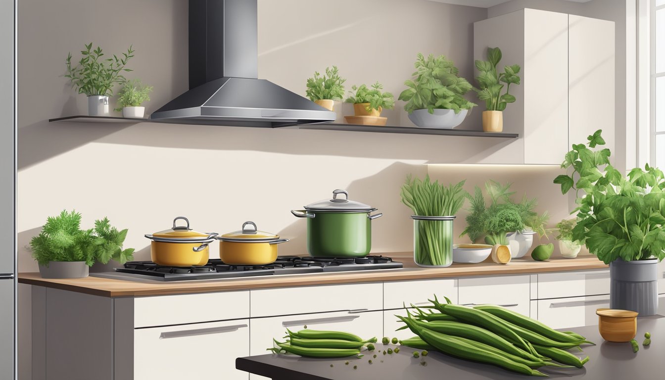 A modern kitchen with open shelves filled with canned okra, surrounded by fresh herbs and spices. A pot on the stove simmers with a flavorful okra dish