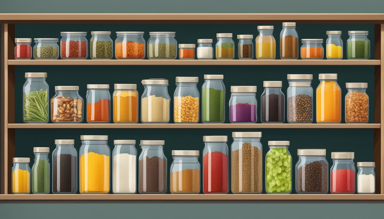 A variety of colorful jars and containers filled with different shelf-stable ingredients such as spices, herbs, and flavorings arranged neatly on a shelf