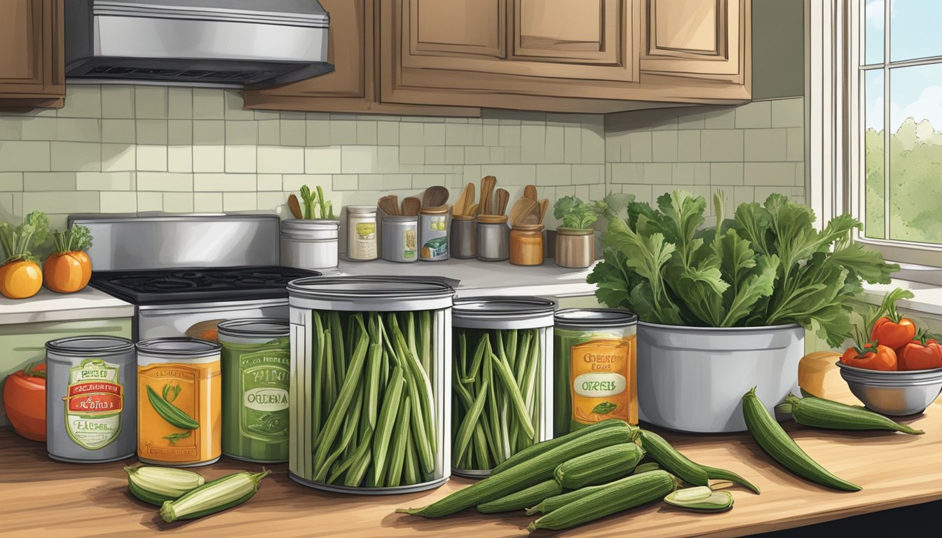 A kitchen counter with open cans of okra, fresh vegetables, and spices, evoking a southern charm