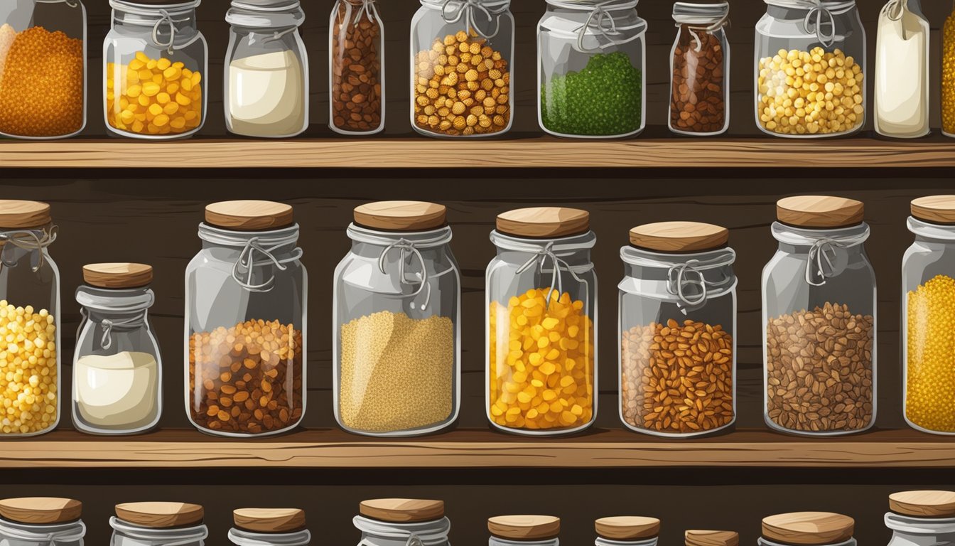 A rustic wooden shelf displays jars of colorful kernels, spices, and oils, ready to be mixed and popped into unique homemade popcorn gifts