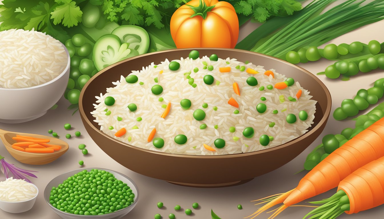 A bowl of instant rice pilaf mix with various colorful and fresh ingredients mixed in, such as peas, carrots, and herbs