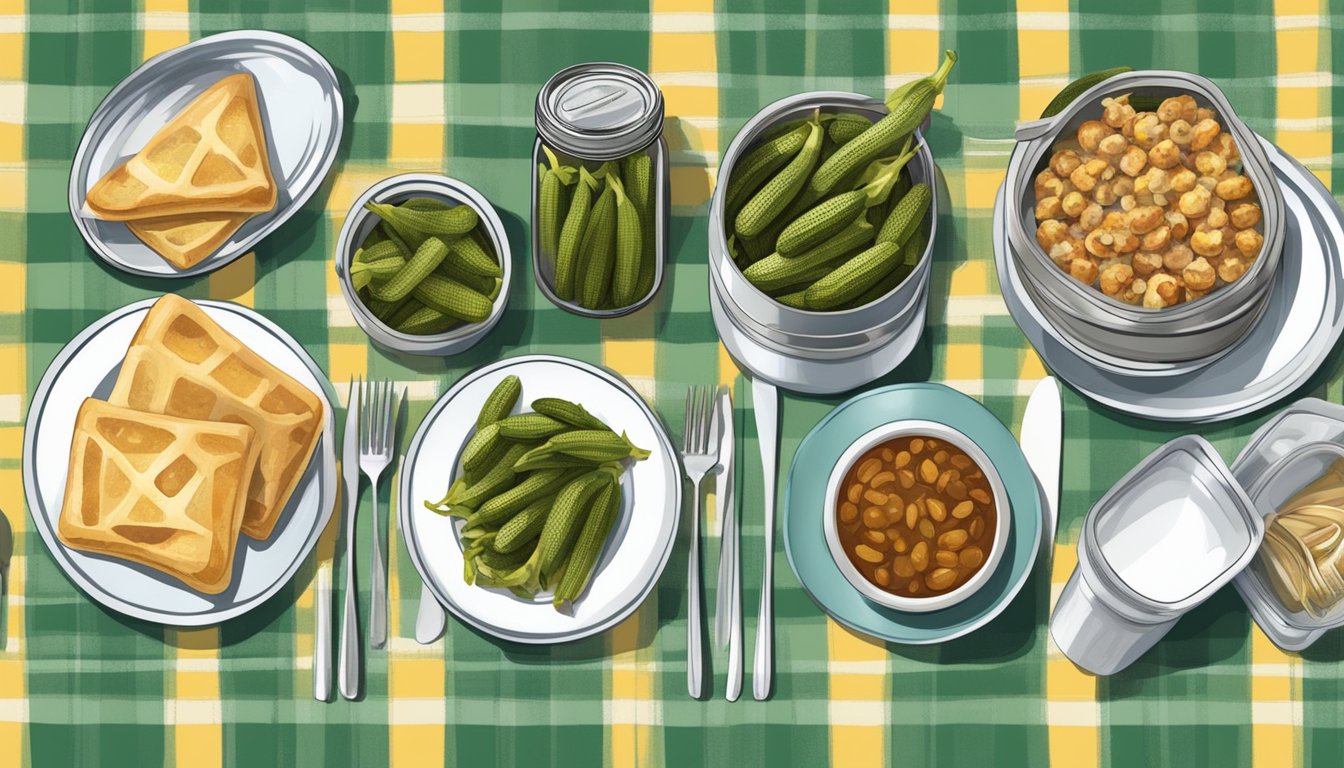 A picnic table set with a checkered tablecloth, mason jars filled with canned okra, and a spread of southern dishes