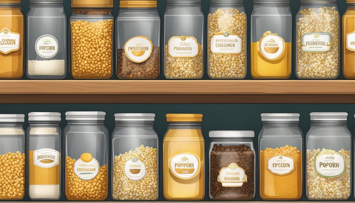 A pantry shelf stocked with jars of popcorn kernels, flavored seasoning packets, and decorative serving bowls