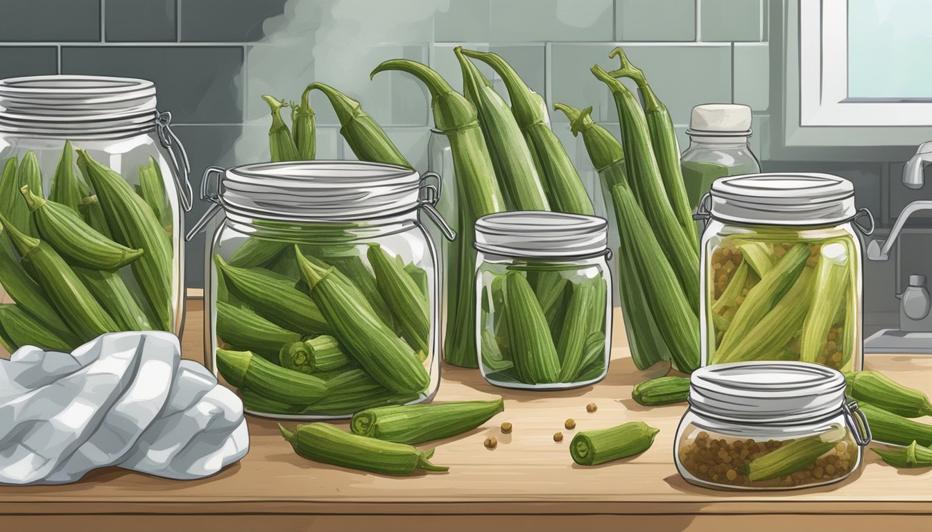 Fresh okra pods being washed, sliced, and packed into glass jars with vinegar, salt, and spices. Jars are then sealed and placed in a boiling water bath for preservation