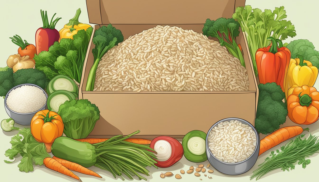 A colorful array of fresh vegetables, herbs, and spices arranged around a box of Perfect Pilaf instant rice pilaf mix