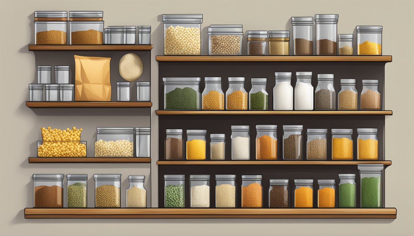 A variety of shelf-stable ingredients such as herbs, spices, and powders arranged neatly on a shelf next to bags of popcorn kernels