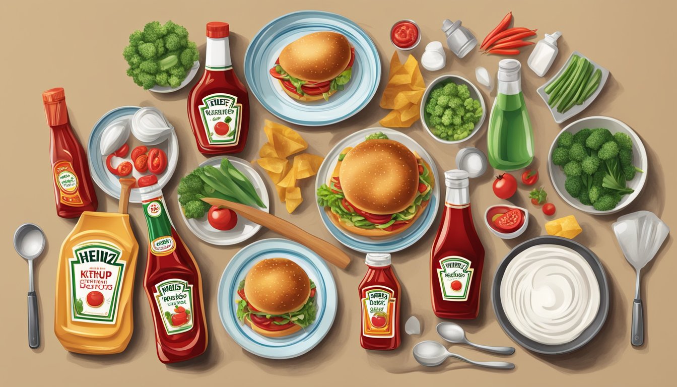 A table set with various dishes and bottles of Heinz ketchup, surrounded by ingredients and cooking utensils