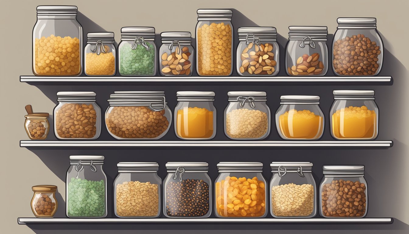 A neatly organized pantry shelf with jars of oats, nuts, and dried fruits, along with a bowl of honey and a tray of homemade energy bites