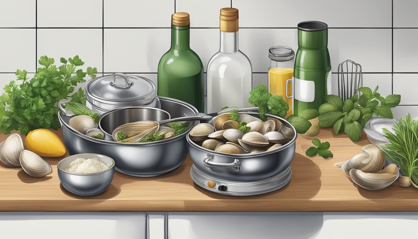 A kitchen counter with open cans of clams, fresh herbs, and various cooking utensils