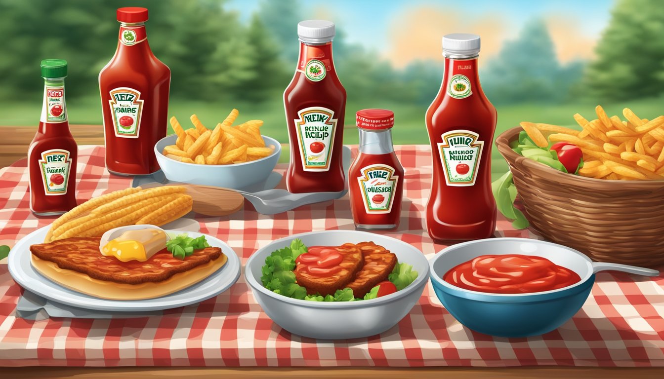 A table set with various dishes and bottles of Heinz ketchup for different occasions, such as BBQ, picnics, and family gatherings