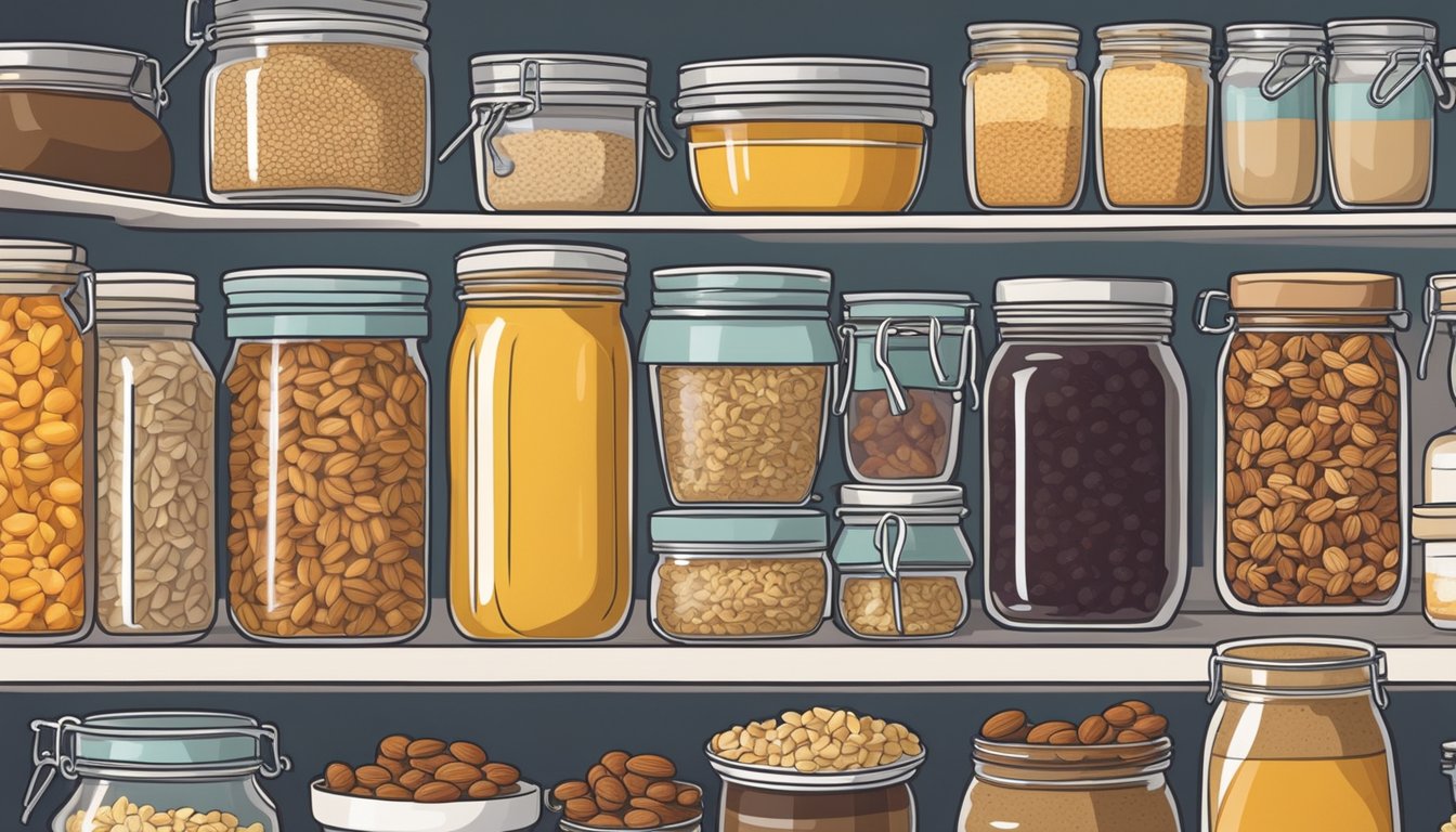 A well-stocked pantry with jars of oats, nuts, seeds, and dried fruits, alongside containers of honey and nut butter, ready for homemade energy bite recipes