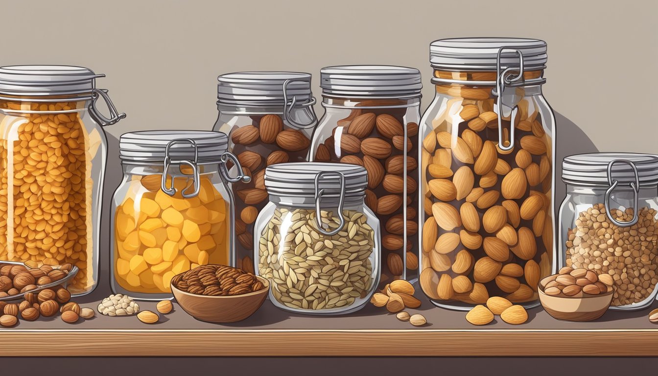 A cluttered pantry shelf with various ingredients like nuts, seeds, dried fruits, and honey jars, alongside a mixing bowl and a tray of homemade energy bites